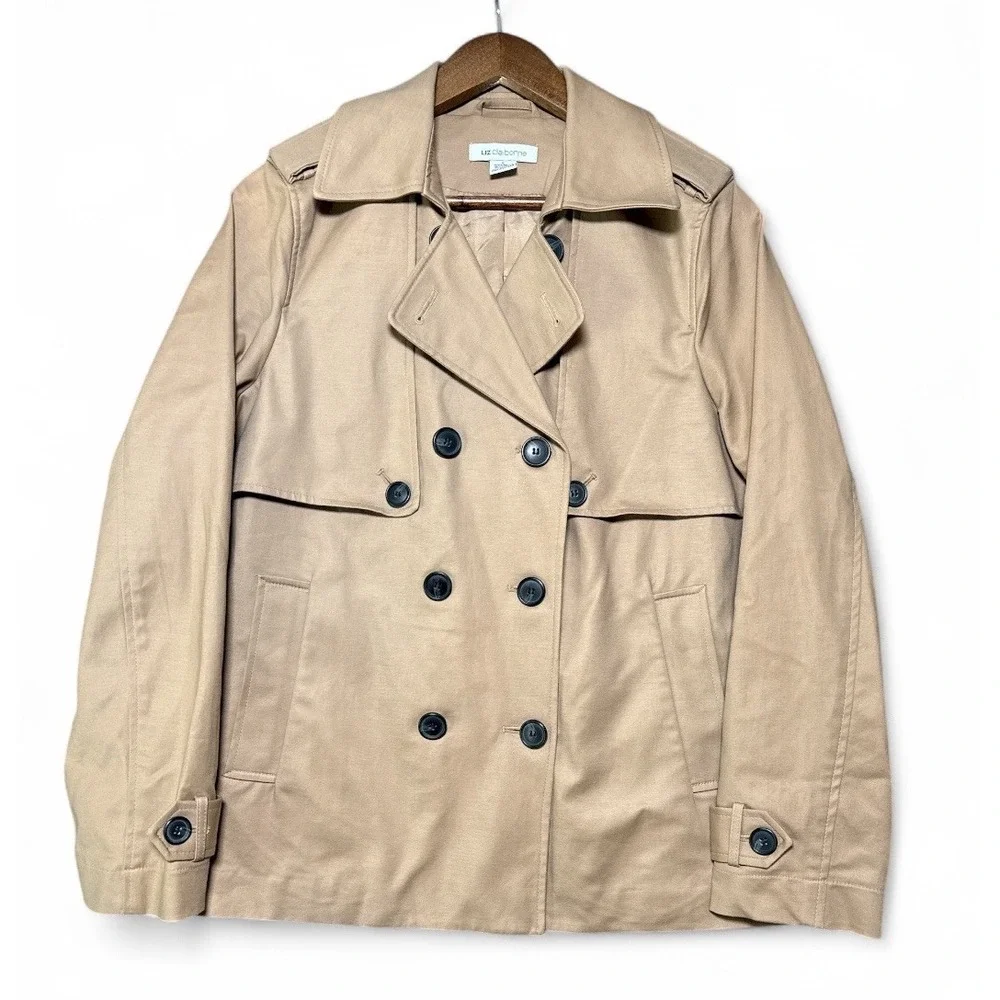 Liz Claiborne Women's Large Trench Coat Tan Cotton Blend Double‎ Breasted NWOT